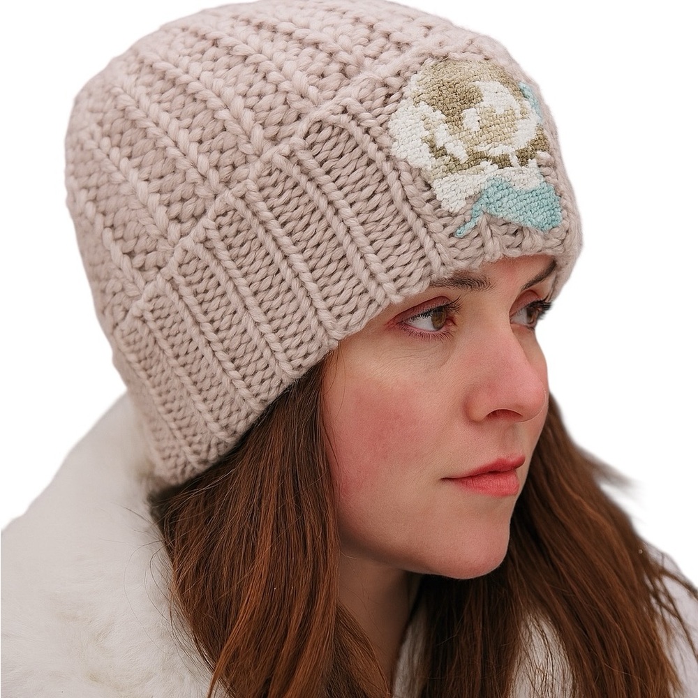 Free People Everything Rosy Floral Appliqué Knit Cuffed Beanie Hat Brand New!